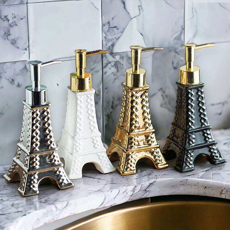 European Paris Eiffel Tower Decor Ceramic Hand Lotion Dispenser Soap Dish Pump - Embossed Lattice Perfume Bathroom Bottle For Kitchen Sink